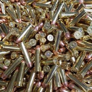 Loose pile of .357 Mag 158 grain Flat Point bulk remanufactured pistol ammunition for sale. Bulk ammo Made in the USA by Ammo by Pistol Pete