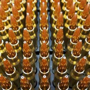 .308 Winchester Remanufactured Rifle Ammunition 168 grain hollow point ammo close up of ammo lined up in an ammo tray. Manufactured by Ammo by Pistol Pete