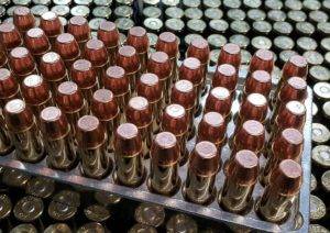 44 Mag / Specia Pistol ammo in a inside of an ammo trays with the points facing up.