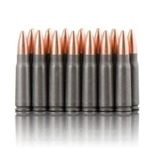 Tulammo 7.62x39mm 122 grain hollow point ammo group of about 16 rounds sitting with the tip pointing up in a close group.